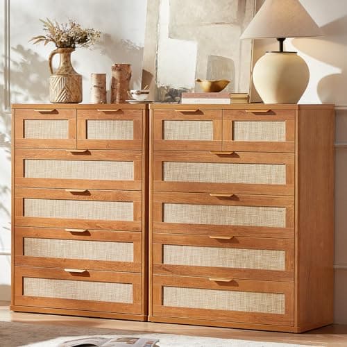 LEYAOYAO Rattan Dresser for Bedroom, 41" Tall Chest of Drawers, Modern 6 Drawers Boho Dressers with Storage, Vintage Brown Dresser Wooden Closet Organizer for Living Room, Hallway - Image 1