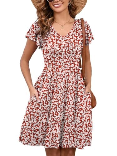 Heymoments Women Summer Dress Maple Leaf X-Large Ruffle Sleeve V Neck Casual Cute Loose Sundress Comfy Swing Midi Work Flowy Tunic Ladies Beach Vacation Teacher Dresses with Pockets - Image 1