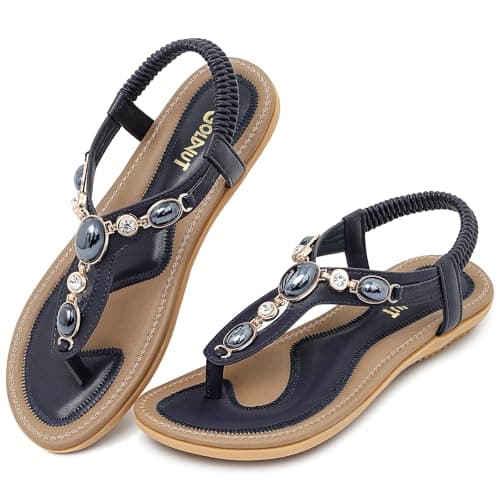 Goldnut Flat Sandals for Women Bohemian, Summer Comfortable Slingback Arch Support Thong Flats Dressy with Rhinestone Decor Navy Blue Size 6 - Image 1