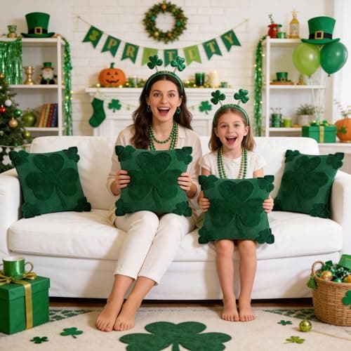 REBANDEN St Patricks Day Throw Pillow Covers Decorations 18x18 in 2-Piece Set,Green Pillow Covers Linen Spring Pillow Case Home Sofa St Patricks Day Decor. - Thumbnail 2