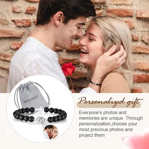 Gamtic Personalized Photo Projection Bracelet for Men,Custom Picture Bracelet Black Beaded Cross Bracelet, Meaningful Gift for Him Dad Husband Boyfriend Son - Thumbnail 2