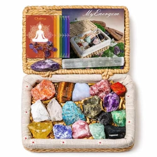 MYDAYS&DESIGN 18Pcs Crystals and Healing Stones Set in Rattan Box, 17 Raw Chakra Stones, 1 Amethyst Tree, Guide for Beginners, Meditation Yoga Home Decor, Gifts for Women Mom - Image 1
