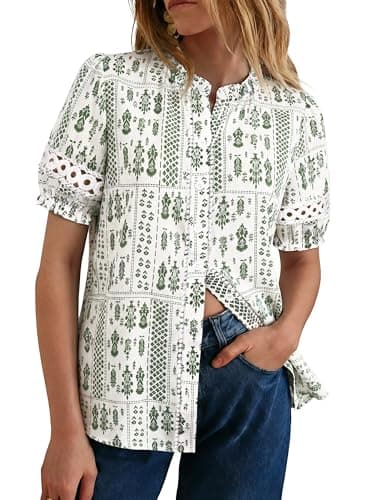 GRACE KARIN Women Boho Floral Tops, Summer Short Eyelet Sleeve Dressy Casual Shirts, Spring Button Down Blouse 2026 Trendy Light Green XX-Large - Image 1