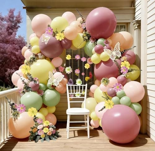 Pastel Pink Yellow Green Balloon Arch with Artificial Flower Double Stuffed Dusty Green Pink Peach Mauve Balloon Garland Kit for Spring Wildflower Birthday Baby Shower Fairy Garden Tea Party Decor - Image 1