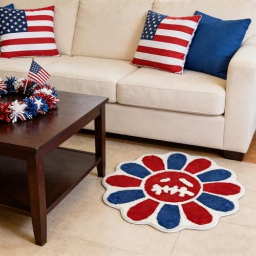 Shovagy Trippy Happy Face Rug 4th of July Bathroom Rugs Patriotic Independence Day Decor Carpet Tufted Quick Dry Non Slip Bath Mats Water Absorbent 2.6FT Red Blue White Bathroom Rugs - Thumbnail 5