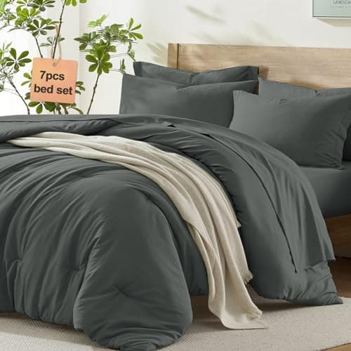 Homelike Moment King Size Comforter Set 7 Piece, Grey Bed in a Bag King Size Bed Set Lightweight and Machine Washable