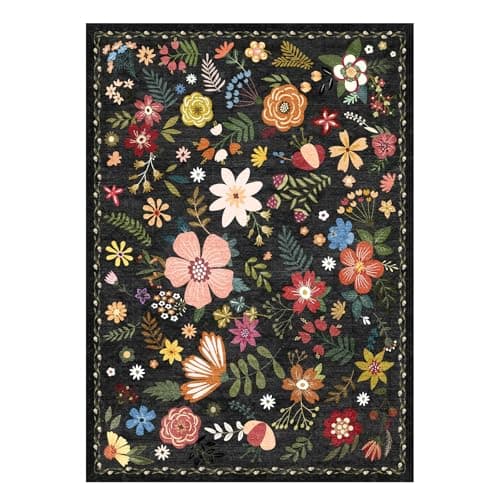 Washable Area Rug, Floral Rug, Large Carpet for Living Room & Bedroom, 9'x 12',Black - Thumbnail 2