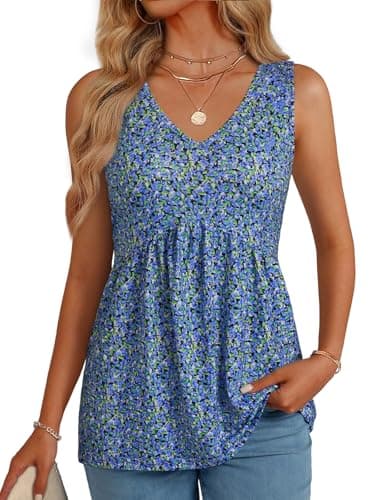 GKBK Womens Tank Tops 2026 V Neck Babydoll Flowy Peplum Hem Tops for Women Dressy Sleeveless Floral Tank Tops Boho Chic Spring Summer Clothing Blue Flower - Image 1