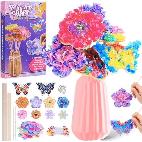 MPQMPQ Poke in Flower Art Bouquet Kit, 800+PCS Fabric Bouquets Toys with 8 Flowers & 2 Butterflies & 1 Wooden Vase, DIY Flower Making kit, Arts and Crafts for Kids Ages 6-12, Girl Birthday Gift Ideas