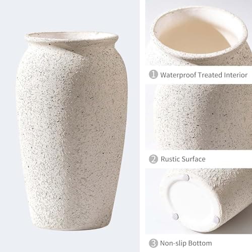 Rustic Farmhouse Flower Large Ceramic Vase, Vintage Pampas Grass Vase, White Modern Decorative Ceramic Flower Vase for Home Decor, Table, Living Room Decoration, Shelf Decor, Mantel, 9.8 Inch - Thumbnail 3