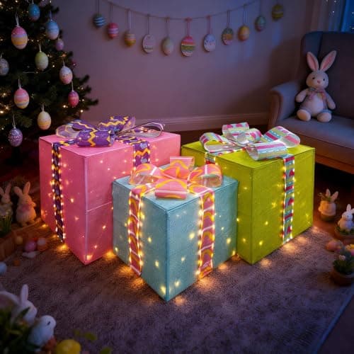 Large Lighted Easter Gift Boxes Decorations, 27" Pink 23" Green 19" Blue 516 Warm White LED Easter Present Boxes with Cute Bows, 3PCS Light Up Box Decor for Spring Party Indoor Outdoor Home Holiday - Image 1