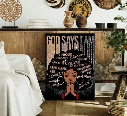 God Says I Am Canvas Wall Art Christian Black Woman Bible 3D Texture Painting Wall Decor Poster Prints Artwork for Bedroom Girl Room Office Apartment Home Decoration - Thumbnail 5
