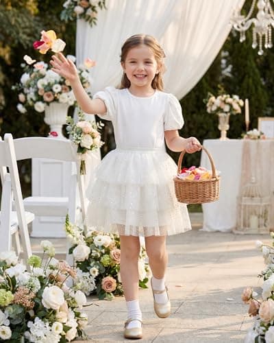 Stelle Layered Tulle Skirt for Girls Ruffle Flowy Christmas Tutu Birthday Party Princess Skirt(White,6-7Y) - Thumbnail 3
