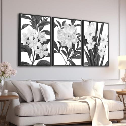 Large Framed Flower Wall Art - Blooming Floral Wall Decor 24"x36" Set of 3 Black and White Painting Prints Vintage Botanical Canvas Pictures for Living Room Bedroom Office Artwork - Image 1