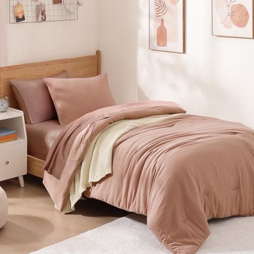 WRENSONGE Twin Comforter Set- 5 Pieces Clay Pink Twin Bed in a Bag, All Season Twin XL Bedding Sets with 1 Fitted Sheet, 1 Flat Sheet, 1 Pillow Sham and 1 Pillowcase - Thumbnail 2