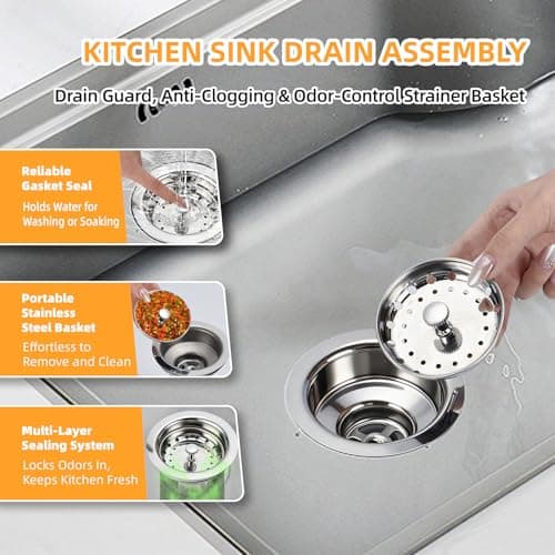Kitchen Sink Drain Assembly, Stainless Steel Basket Strainer with Knob, 3-1/2 Inch Sink Drain Stopper Plug, Threaded Plastic Sink Strainer Tailpiece 1-1/2 in - Thumbnail 3