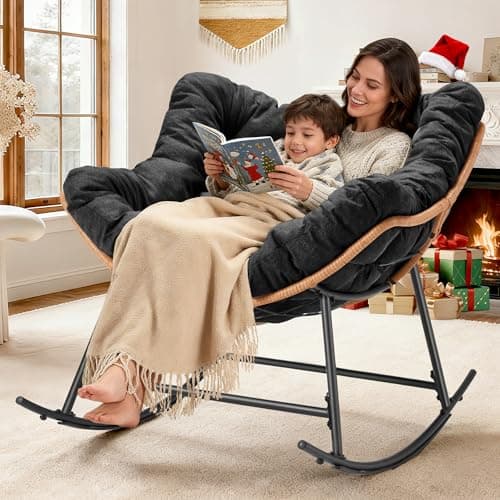 TEROL Outdoor Comfy Rocking Chair with Thick Cushion, Rattan Rocker Egg Chair Indoor with Straps, Patio Rocking Chair 450lbs for Garden, Backyard, Balcony, Lawn, Bedroom, Living Room (Black) - Thumbnail 3