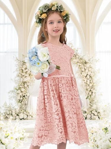 ALLOVIN Girls & Toddlers Sleeveless A-Line Lace Party Dress Birthday Wedding & Flower Girl Dress with Beaded Bowknot | Pink | 3-4T - Thumbnail 3