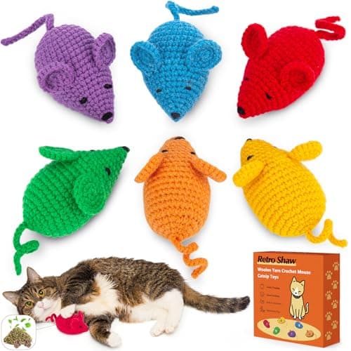 Retro Shaw Catnip Toys Crochet Mouse 6 Pcs - 100% Natural Catnip & Silvervine Blend Yarn Cat Nip Mice, Durable Hand-Knitted Teething Chew Toy for Indoor Cats & Kittens, Interactive Play & Dental Care - Image 1
