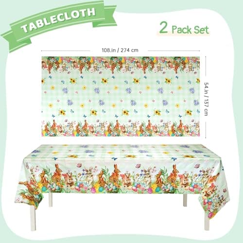Accevo Easter Tablecloth 54 x 108 Inch Rectangle,2 Pack Easter Decorations, Disposable Plastic,Easter Bunny Table Cloth for Dining Room Spring Oblong Tablecloth Indoor Decor Party - Thumbnail 2