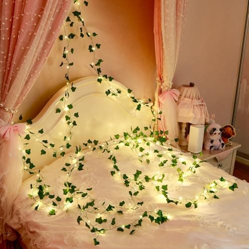 LHYLDS 33Ft Vines with Lights Battery Operated, 100 LED Artificial Ivy Garland String Lights Fake Green Leaf Fairy Light for Bedroom,Room,Wall Garden, Party, Wedding Birthday Party Decor (Warm White) - Thumbnail 6