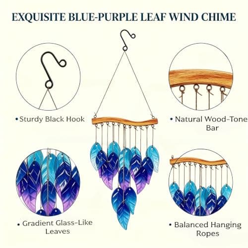Wind Chimes Blue Glass Leaves, Garden Wind Chime for Home, Party, Festival Decor, Glass Garden Patio Yard Porch Decoration Indoor/Outside, Lifelike Leaf Style - Thumbnail 6