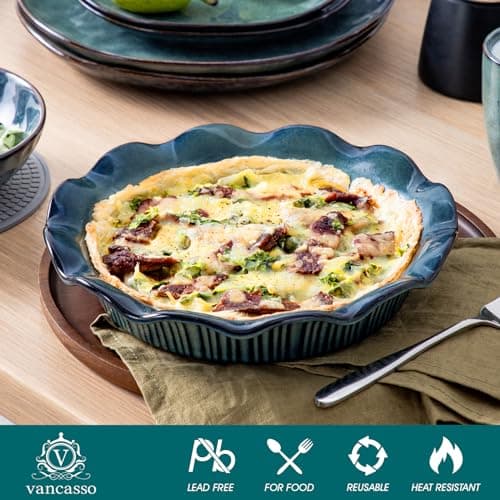 vancasso Ceramic Pie Pan for Baking, 9 inch Deep Pie Plates for Apple Pie, Pot Pie, Tart and Quiche, Reactive Glaze Fluted Pie Pans, Large Pie Dish with Ruffled Edge, Green, STERN Series - Thumbnail 5
