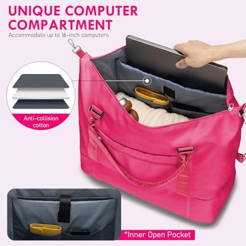 WOOMADA Weekender Overnight Bag for Women, Carry on Shoulder Travel Duffel with Shoes Compartment,Gym Bag with Toiletry Bag(hot pink) - Thumbnail 3