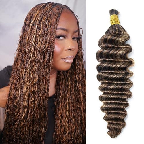 Boho Human Hair for Braiding #4/27/30 100% Brazilian Human Braiding Hair 100G Deep Wave Braiding Human Hair for Boho Braids 18 Inch - Image 1
