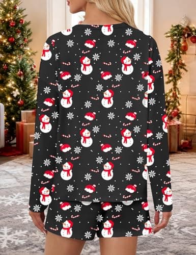 JUSTFASHIONNOW Womens Christmas Pajama Sets Long Sleeve Top and Split Shorts Holiday Lounge Set Loungewear Crew Neck Snowman Print Sleepwear Soft Pjs Xmas Winter Cute Outfits (Black, Small) - Thumbnail 5