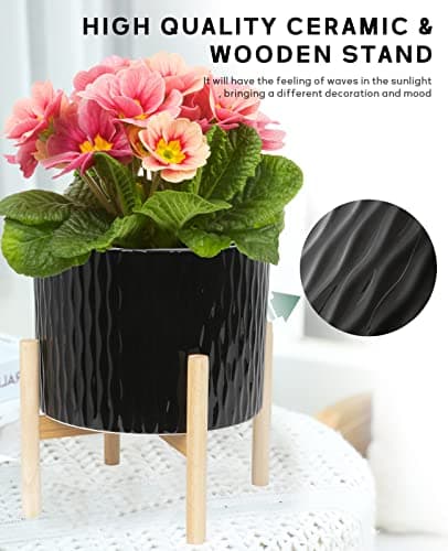 LaDoVita Ceramic Plant Pot with Stand, 10 Inch Planter with Wood Shelf, Modern Round Flower Pots Indoor with Wood Planter Holder, Black Water Ripple Pattern - Thumbnail 4