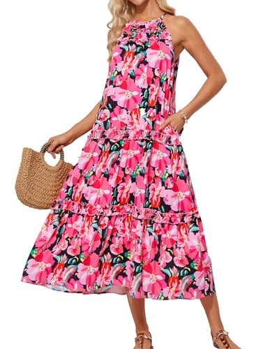 Flowy Maxi Sun Dresses for Women 2026 Vacation Loose Sleeveless Long Halter Dress Casual Summer Tired Boho Dress Pink XL - Image 1