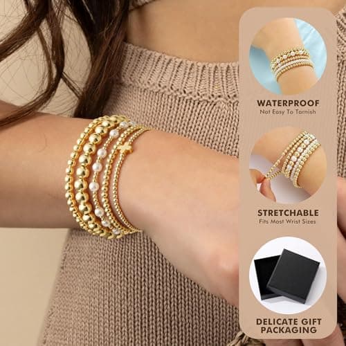 Yoosteel Gold Beaded Bracelets Set for Women - 14k Gold Plated Dainty Tiny Round Beaded Cross Pearl Bracelet Stack for Women Teenage Girl Gifts Stackable Jewelry Gifts 5 PCS - Thumbnail 5