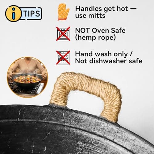 WANGYUANJI 14.2" Cast Iron Wok with Lid, Dual Handles - Flat Bottom Chinese Stir Fry Pan for Induction & Gas Stoves - Traditional Handcrafted Turtle Shell Texture, Uncoated & Non-Toxic - Thumbnail 6