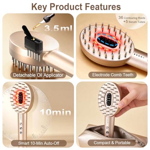 ABVOT 3-in-1 Electric Scalp Massager with Hair Oil Applicator, Red & Blue Light Modes, Vibrating Massage Tool for Scalp/Face/Body Relaxation, Portable Scalp Massager Brush for Travel (Champagne) - Thumbnail 5