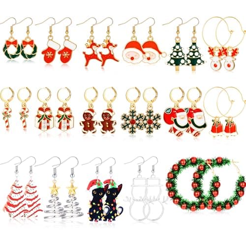 17 Pairs Christmas Earrings for Women Xmas Holiday Dangle Earrings Christmas Stud Tree Snowflake Bow Bells Light Earrings Bulk Cute Party Jewelry Gifts - Image 1