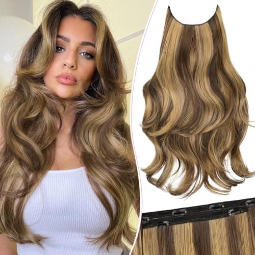 Invisible Wire Hair Extensions with Transparent Wire Adjustable Size 4 Secure Clips Long Wavy Secret Hairpiece 20 Inch for Women(Balayage Chocolate Brown to Caramel Blonde) - Image 1