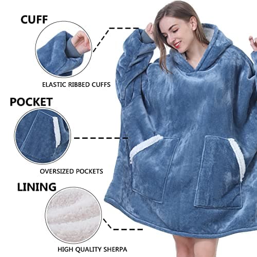 Kipswiza Oversized Wearable Blanket Hoodie, Cozy Sherpa Hooded Blankets Sweatshirt for Women Men Mom Daughter with Big Pockets as Gifts - Denim Blue - Thumbnail 5