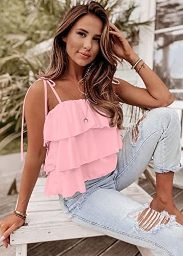 KIRUNDO Spaghetti Strap Ruffle Babydoll Peplum Tank Tops for Women 2026 Summer Cute Flowy Beach Vacation Cruise Outfits(Pink, Medium) - Thumbnail 3