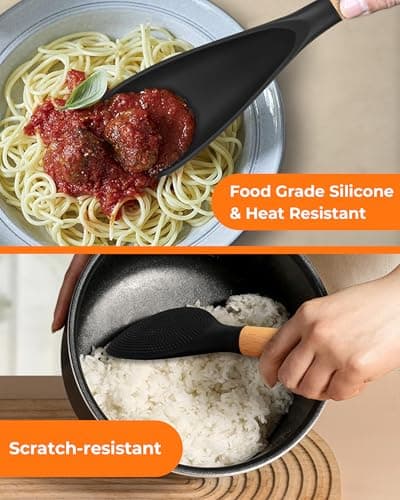 FINENUT Cooking Spoon Multifunction Spoonula Silicone Spatula Spoon 2-Pack, Dual-Use Heat Resistant 446°F, BPA-Free Non-Toxic Wooden Handle Rice Spoon Set for Non-Stick Cookware & Rice Cookers (Black) - Thumbnail 2