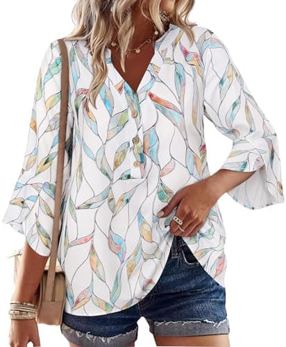 LOOKBOHO Womens Boho Tops 3/4 Sleeve Peplum Leaf Print Blouses Ruffle Sleeve Button V-Neck Casual Shirts White&Green XL - Image 1