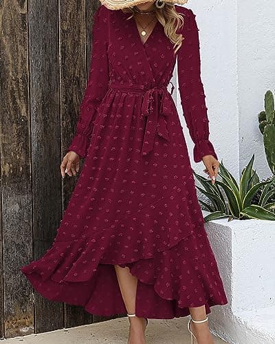 BTFBM Long Sleeve Maxi Dresses for Women V Neck Swiss Dot Boho Flowy Slit Cocktail Wedding Guest Dress Fall Clothes 2025(Wine Red, Medium) - Thumbnail 3