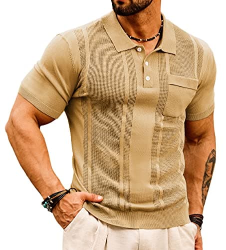 GRACE KARIN Mens Knitted Polo T Shirt Short Sleeve Slim Fit Tee Shirts Business Casual Summer Fashion T-Shirt Khaki M - Image 1