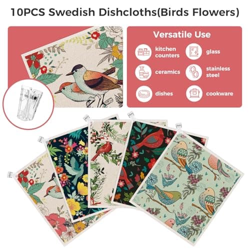 wlich 10PCS Swedish Dishcloths for Kitchen, Reusable Dish Rags for Washing Dishes with Clips, Non-Scratch Kitchen Towels and Dishcloths Sets, Washable Swedish Dish Cloths, No Odor(Birds Flowers) - Thumbnail 4