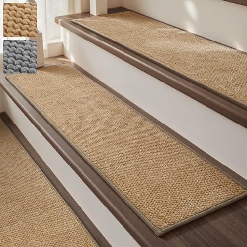 PADOOR Tufted Stair Treads for Wooden Steps 15PC, Soft Peel and Stick Stair Treads Non Slip Indoor, Adhesive Stair Runner Residue Free Stair Carpet Treads Washable for Kids Pets Elders, 8"x30" Beige - Image 1