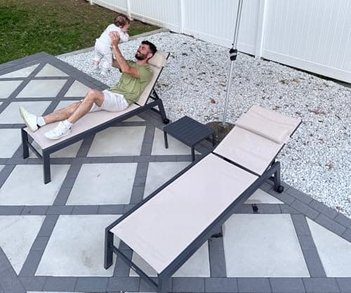 PURPLE LEAF Outdoor Lounge Chair Set of 3 Patio Chaise Pool Lounger Aluminum Frame with Side Table and Wheels for Outside Sunbathing Tanning Recliner Including Pillows Beige - Image 1