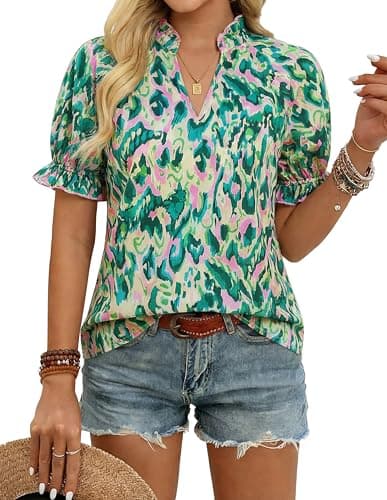 GRACE KARIN Womens Boho Summer Tops,V Neck Short Sleeve Blouses Casual,Floral Print Cotton Shirts Beach Vacation Clothes 2026, Green Wave, Large - Image 1