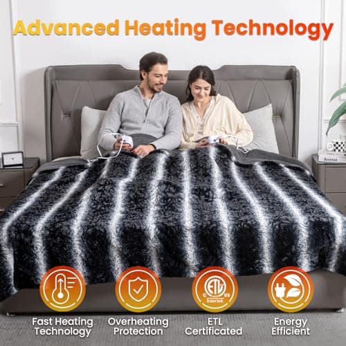 WOOMER Heated Blanket King Size 100" x 90", Electric Blanket with Dual Controls, 0.5-12 Hours Timer & 10 Heating Levels, ETL Certified, Black Grey Flowers Patterns Faux Fur & Sherpa, Machine Washable - Thumbnail 5