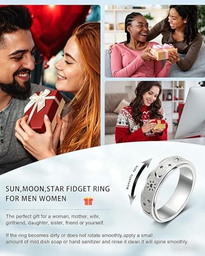 Fidget Toys Adults Anxiety Ring-Fidget Ring Women Men Stress Relief Spinner Fidget Toys Stainless Steel Band with Hollowed Sun Moon Star Sandblasted Surface 6mm Width,18K Gold/Silver Size 6-11 Unisex - Thumbnail 2