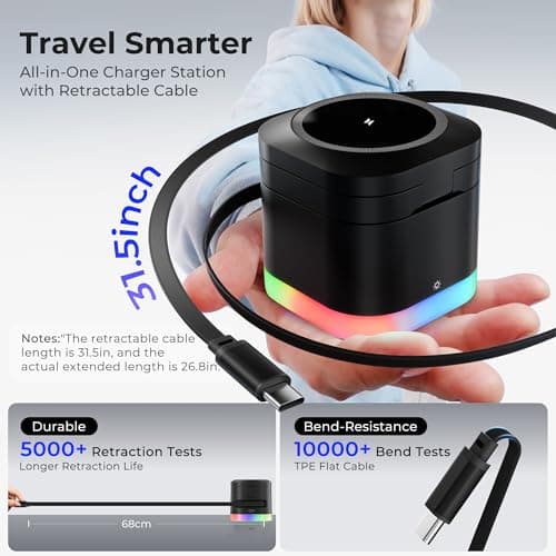 5 in 1 Magnetic Wireless Charger Stand with Night Light, Foldable Wireless Charging Station Built-in Retractable Cable, Fast Wireless Charger for iPhone 17/16/15/14/13/12, Apple Watch, AirPods Pro 3 - Thumbnail 3